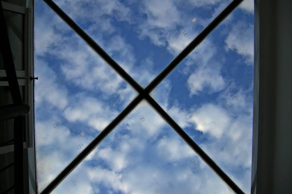 photo of a skylight with x-shaped lattice