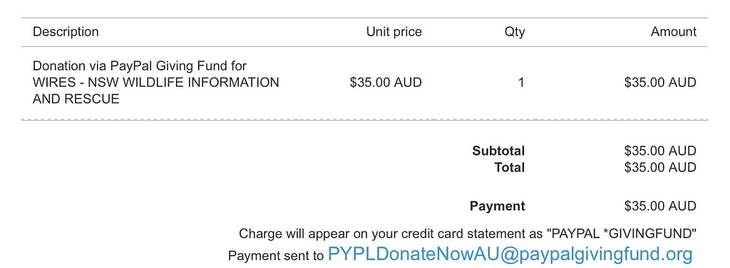 screenshot of donation receipt