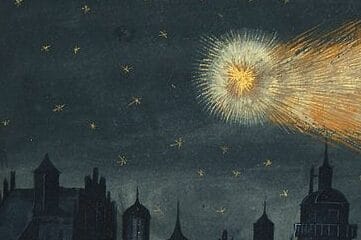 old illustration of a comet in the night sky