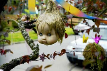 photo of a doll's head hanging fom tree limb